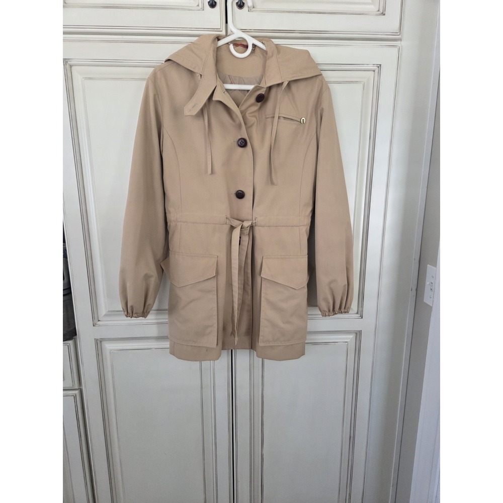 Etienne Aigner Tan Hooded Trench Coat with Drawstring Waist